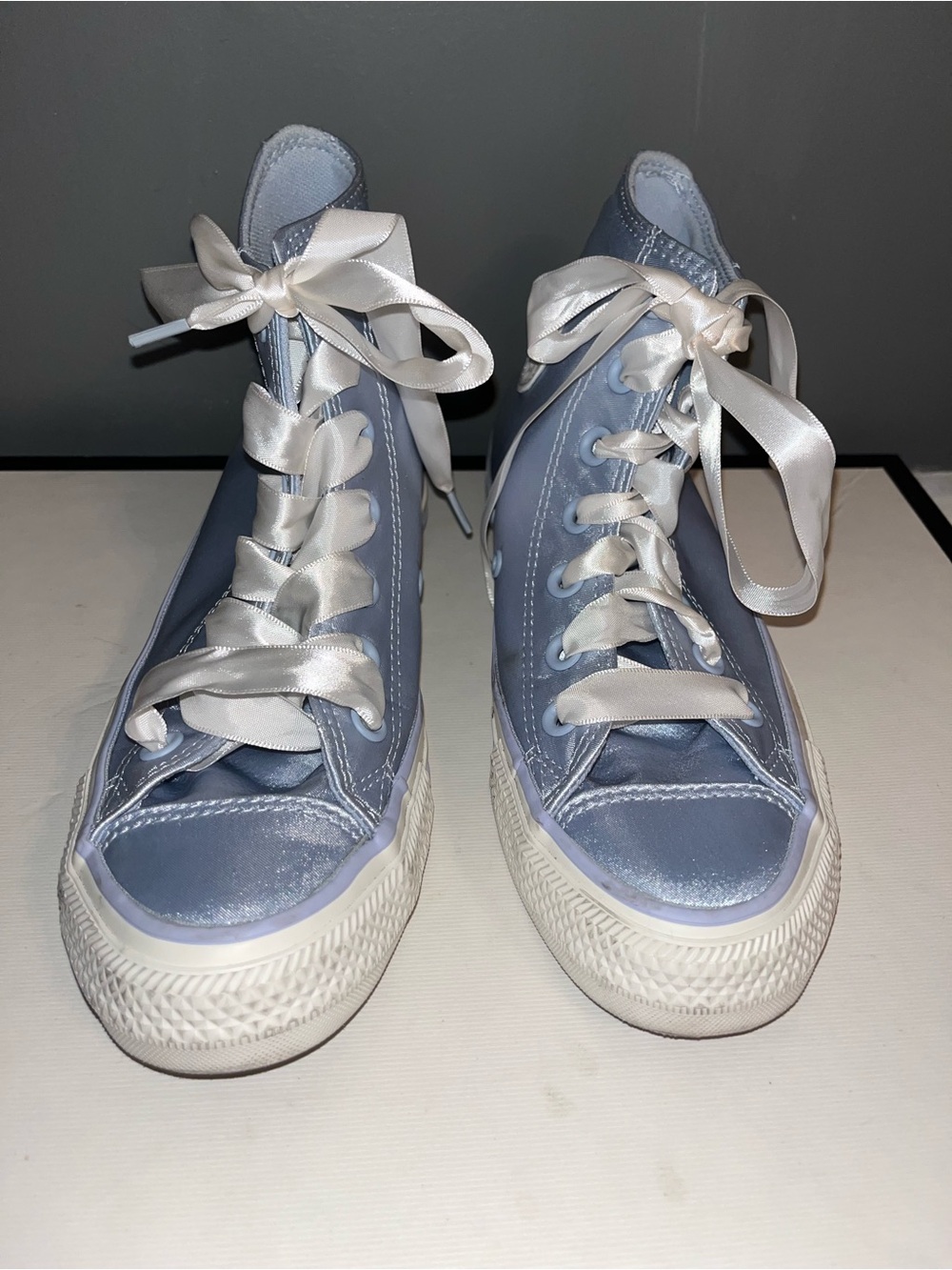 Converse Women’s Light Blue Satin High-Top Sneakers with White Ribbon Laces